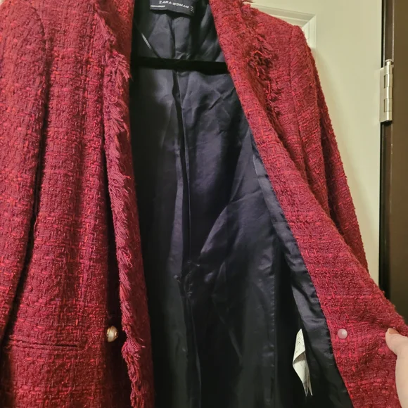 Zara Blogger Favorite Burgundy Red Frayed Tweed Boucle Jacket Size S - Picture 14 of 15